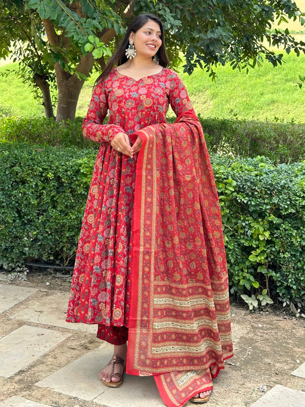 Floral Booti Red Anarkali Suit Set - Jonaya