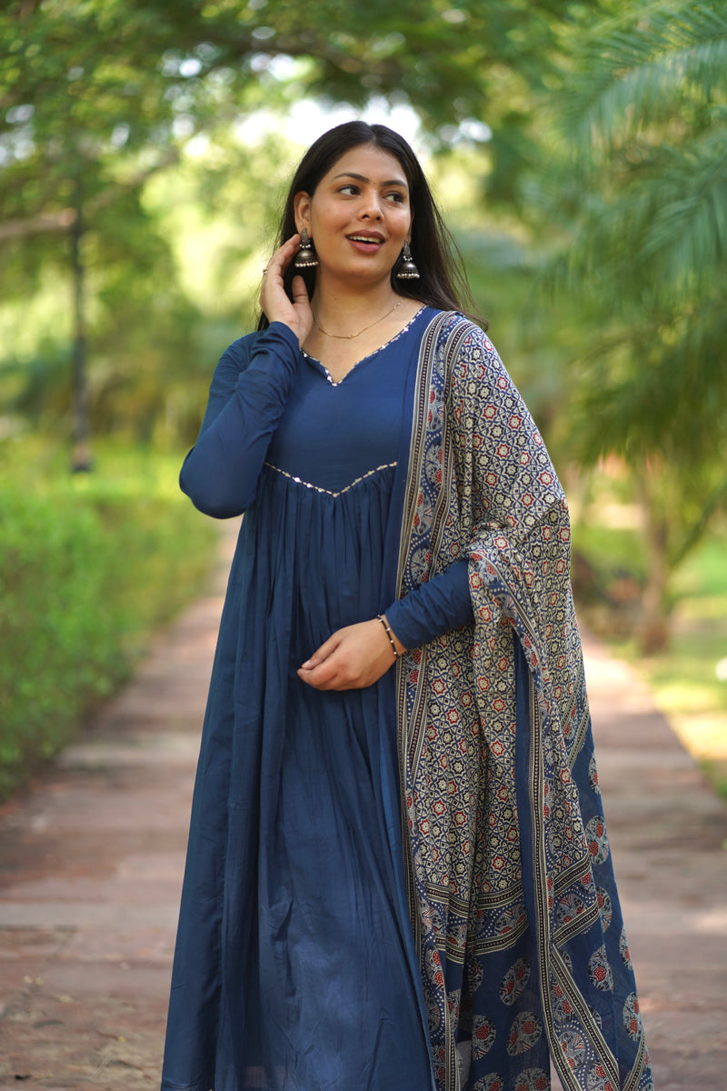 Blue Ajrakh print flair suit set Jonaya