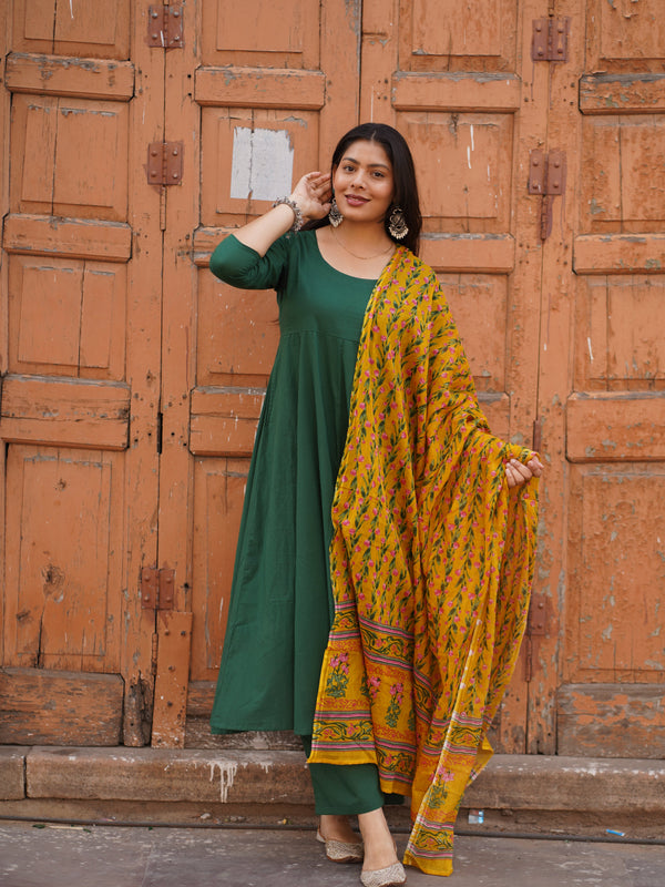 Green Solid Floral Anarkali Suit Set - Jonaya