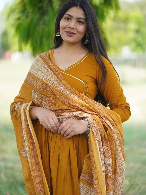 Mustard Solid Angrakha Potli Flare Suit Set - Jonaya