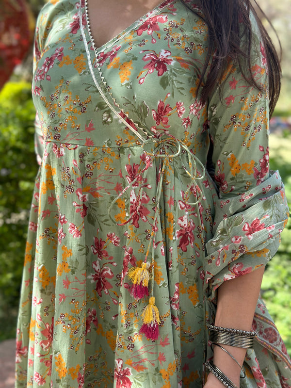 Pista Green Angrakha Gota Lace Anarkali Suit Set - Jonaya