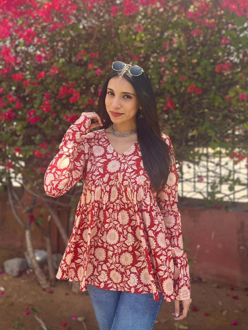 Red sunflower full sleeves peplum top - Jonaya