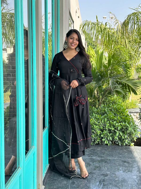 Black Self Embroidered Flare Suit Set - Jonaya