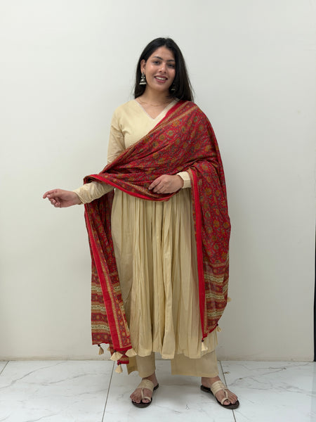Red beige kalamkari solid flare suit set Jonaya