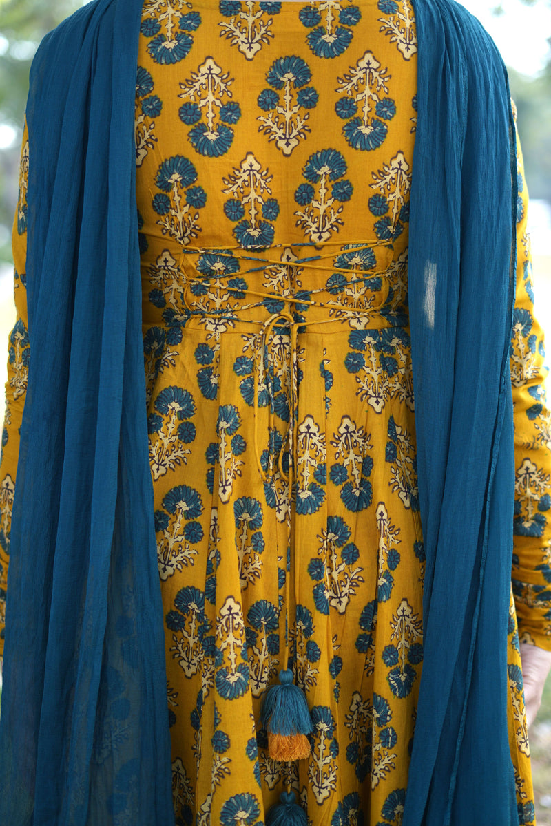 Gulmohar Mustard Anarkali suit set Jonaya