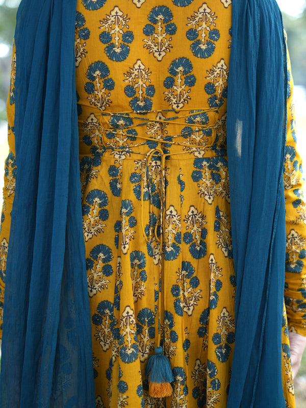 Gulmohar Mustard Anarkali suit set Jonaya