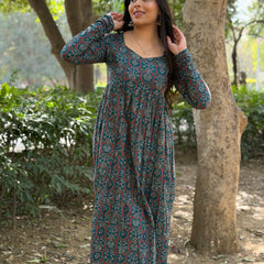 Teal Ajrakh flare kameez Jonaya