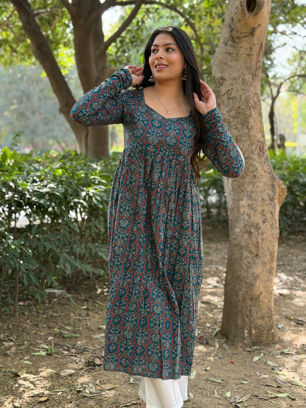 Teal Ajrakh flare kameez Jonaya
