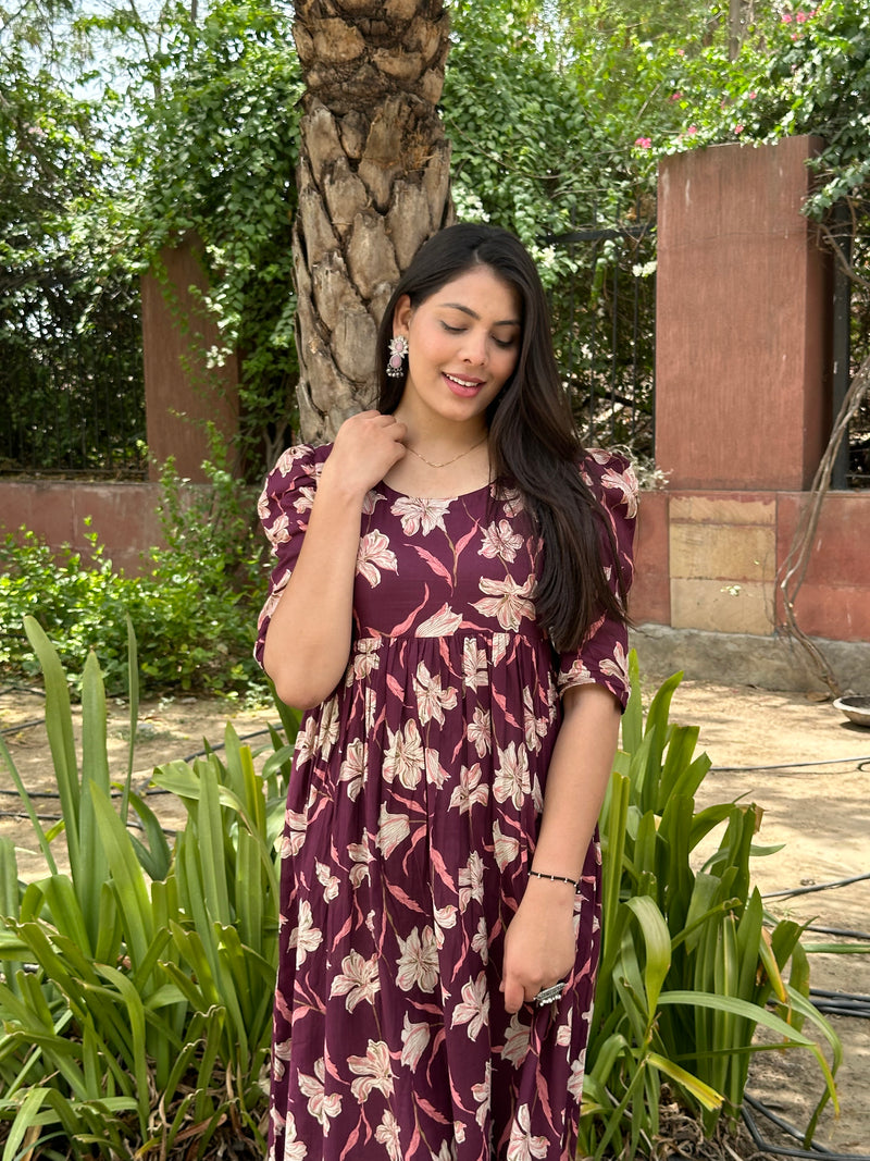 Floral wine printed kameez - Jonaya