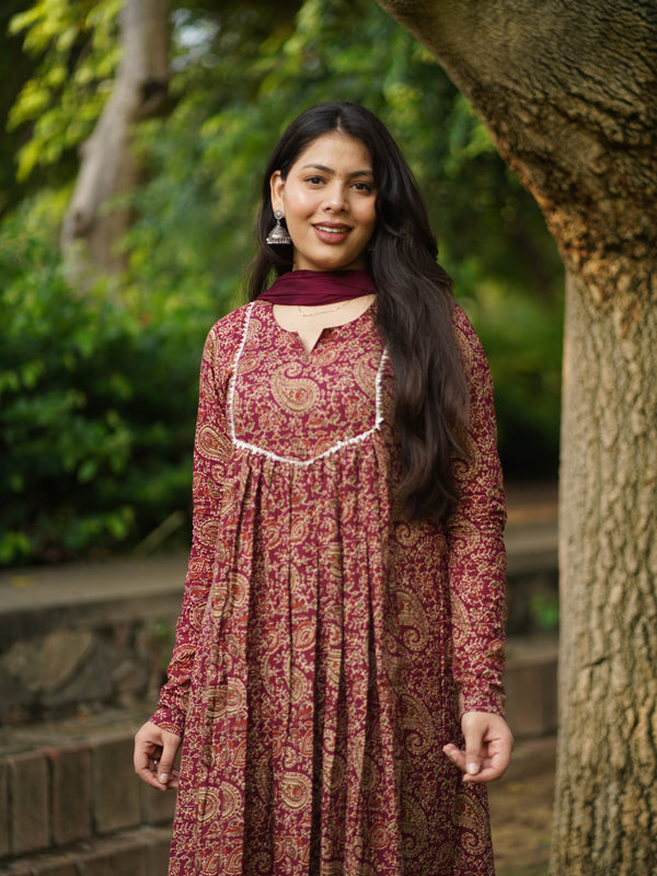 Maroon Paisley Lace Flair Suit Set - Jonaya