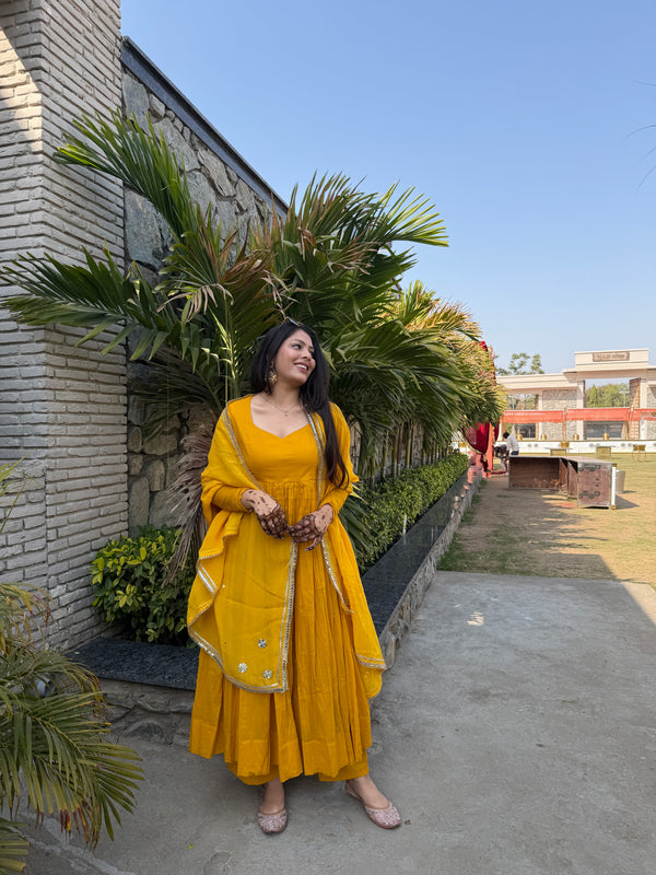 Pure mul cotton haldi anarkali set Jonaya
