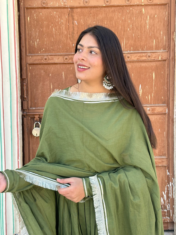 Pure Mul Cotton Mehndi Festive Flare Suit Set - Jonaya