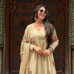 Beige Pink Handblock Anarkali