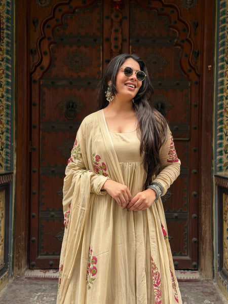 Beige Pink Handblock Anarkali