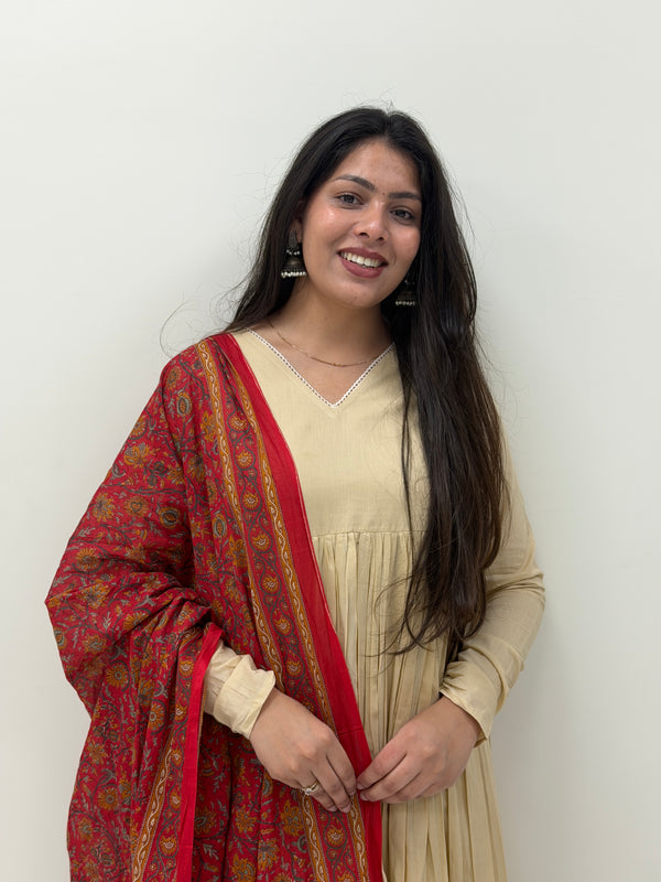 Red beige kalamkari solid flare suit set Jonaya