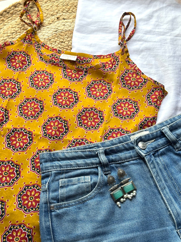 Red Black Ajrakh Floral Strap Kurti - Jonaya