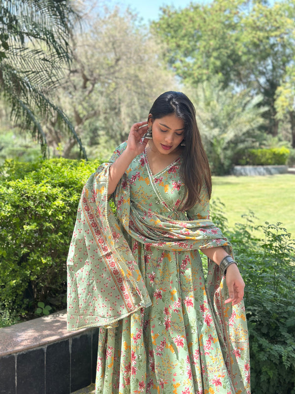 Pista Green Angrakha Gota Lace Anarkali Suit Set - Jonaya