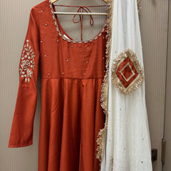 Rust Orange Hand embroidered Lux Anarkali Jonaya