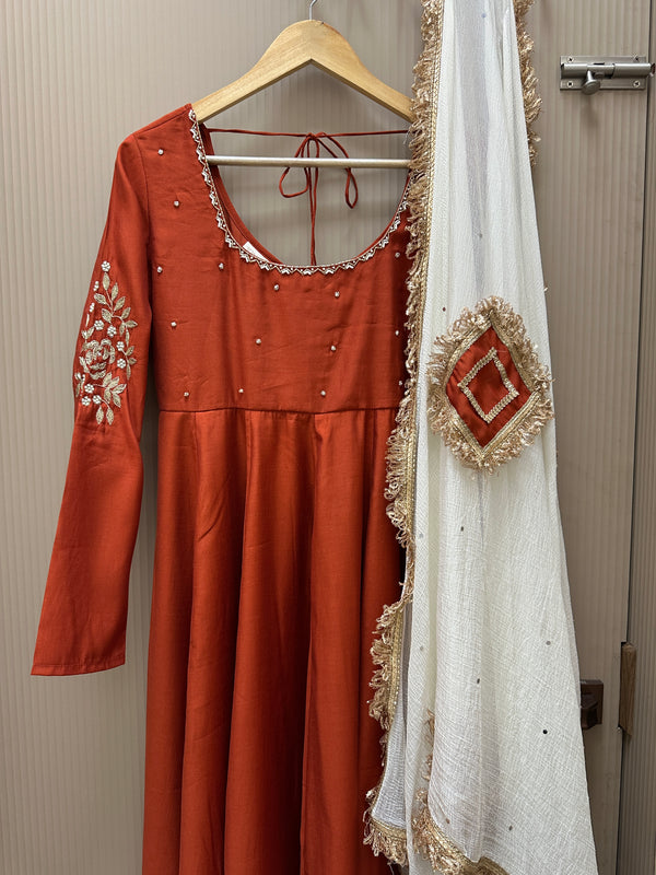 Rust Orange Hand embroidered Lux Anarkali - Jonaya