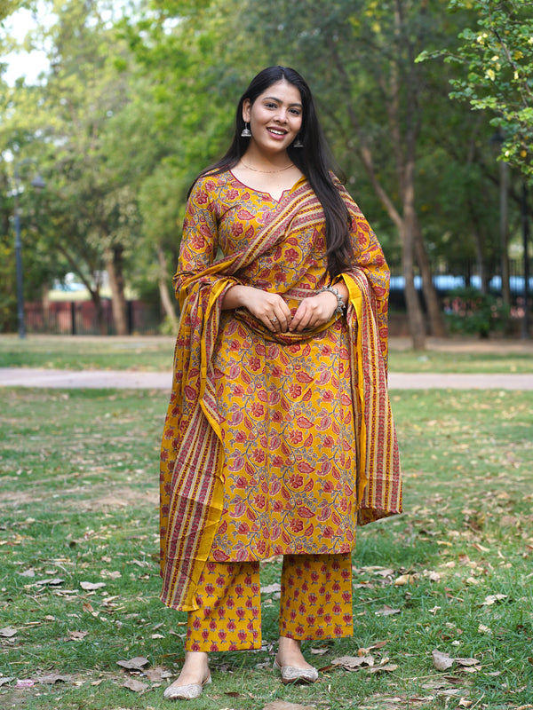 Yellow Red Floral Straight Suit Set - Jonaya
