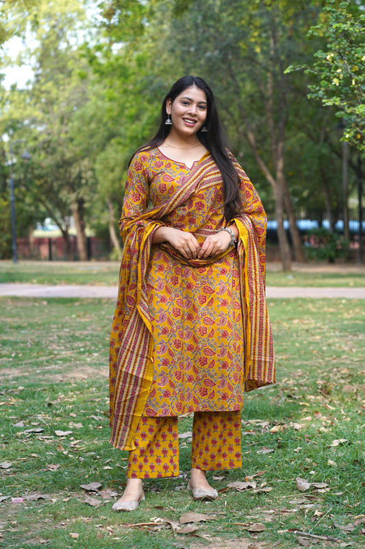 Yellow Red Floral Straight Suit Set