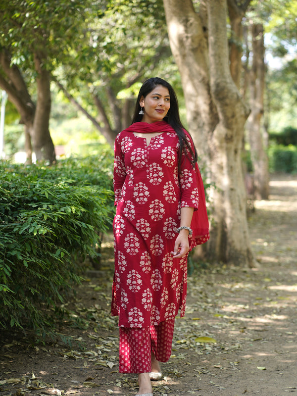 Red Block Floral Straight Suit Set - Jonaya