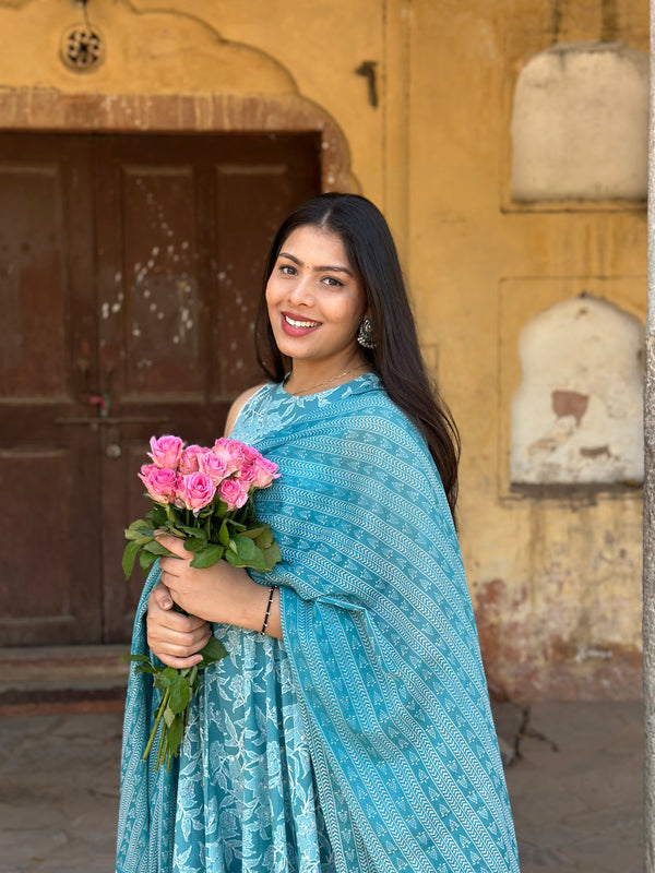Pastel Sky Floral Anarkali Suit Set - Jonaya