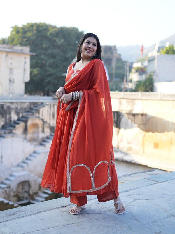 Jharoka Orange Pure Mul Anarkali set