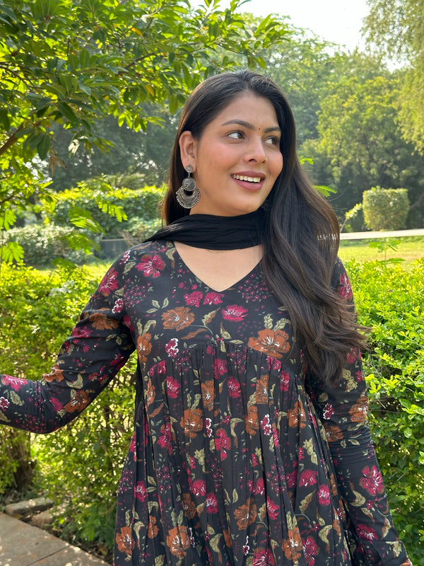 Black Floral Aliacut Suit Set - Jonaya