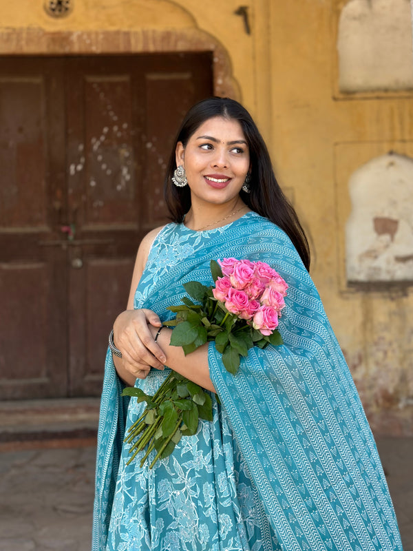 Pastel Sky Floral Anarkali Suit Set - Jonaya