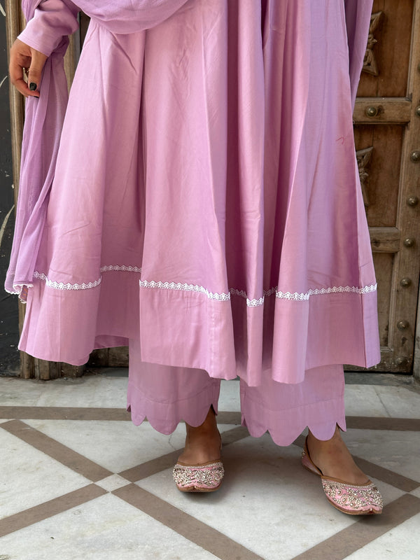 Butter Purple White Lace Flare Suit Set - Jonaya