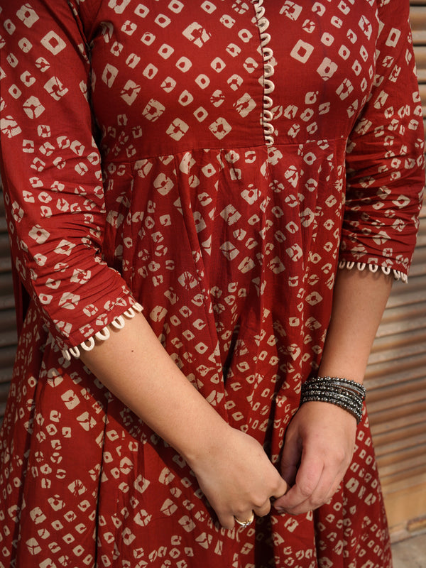 Red Bandhej Anarkali Suit Set - Jonaya