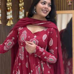 Festive Maroon green paisley Anarkali set Jonaya