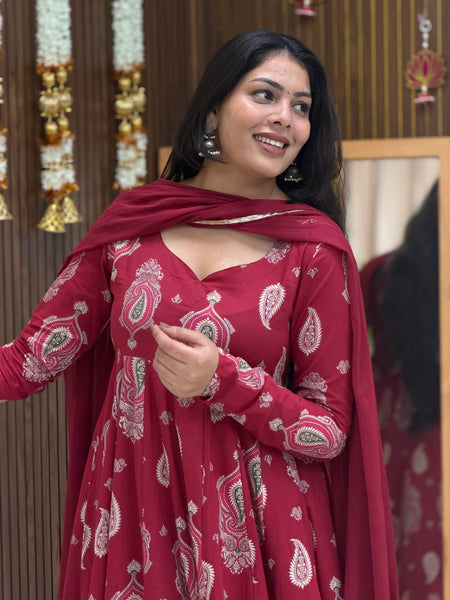 Festive Maroon green paisley Anarkali set Jonaya