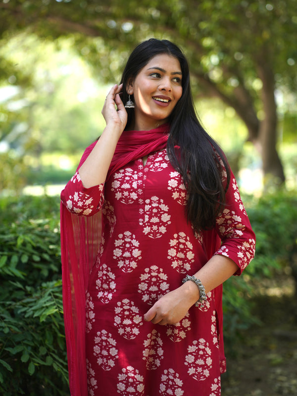 Red Block Floral Straight Suit Set - Jonaya