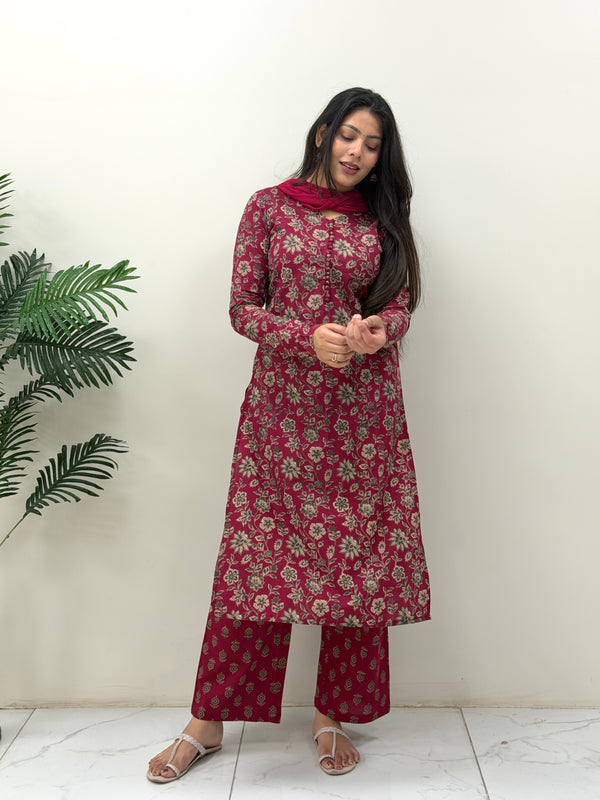 Maroon garden Straight suit set Jonaya