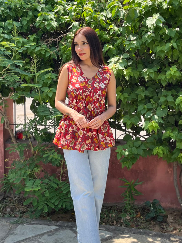 RED Garden Cut Sleeves Peplum Top - Jonaya