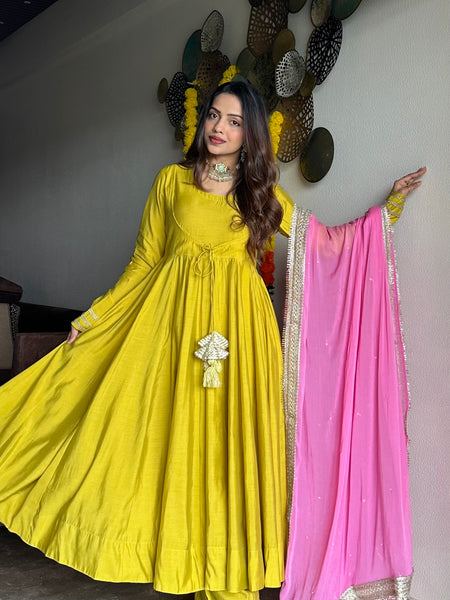 Festive green pink anarkali suit set Jonaya