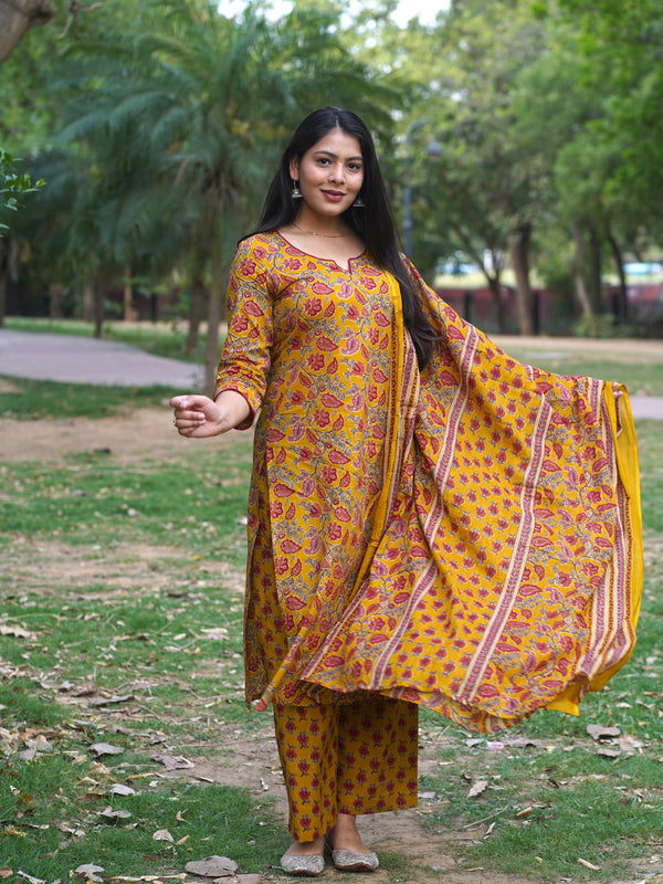 Yellow Red Floral Straight Suit Set - Jonaya