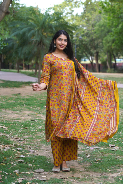 Yellow Red Floral Straight Suit Set