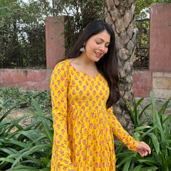 Yellow Pink motif Anarkali kameez - Jonaya