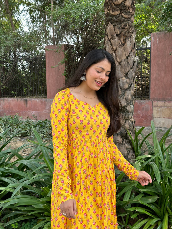 Yellow Pink Motif Anarkali Kameez - Jonaya