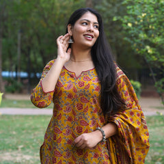 Yellow Red Floral Straight Suit Set - Jonaya
