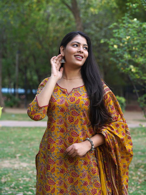 Yellow Red Floral Straight Suit Set - Jonaya