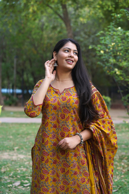 Yellow Red Floral Straight Suit Set