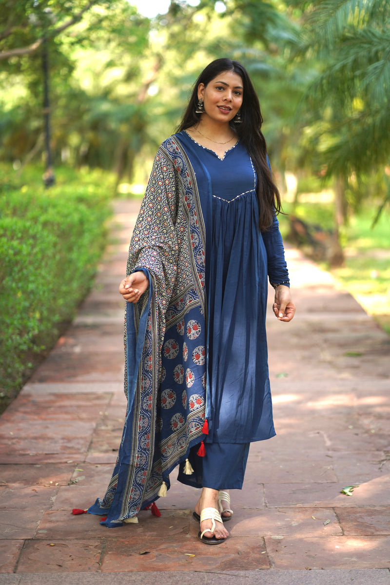 Blue Ajrakh print flair suit set Jonaya