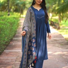 Blue Ajrakh print flair suit set Jonaya