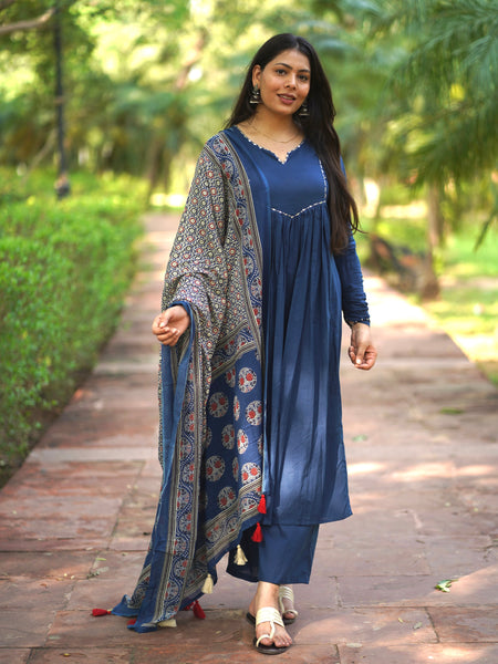 Blue Ajrakh print flair suit set Jonaya