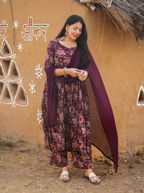 Grey Wine Rose Flare Suit Set - Jonaya