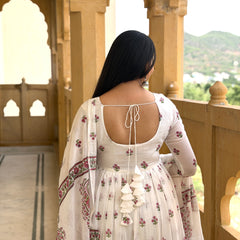 White pink petal handblock flare Anarkali Jonaya